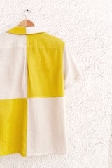 Lemon Bloom Color Block Embroidered Cotton Blend Shirt