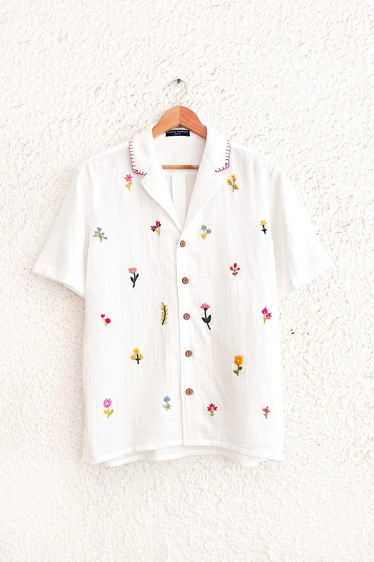 Embroidered White Cotton Blend Casual Shirt