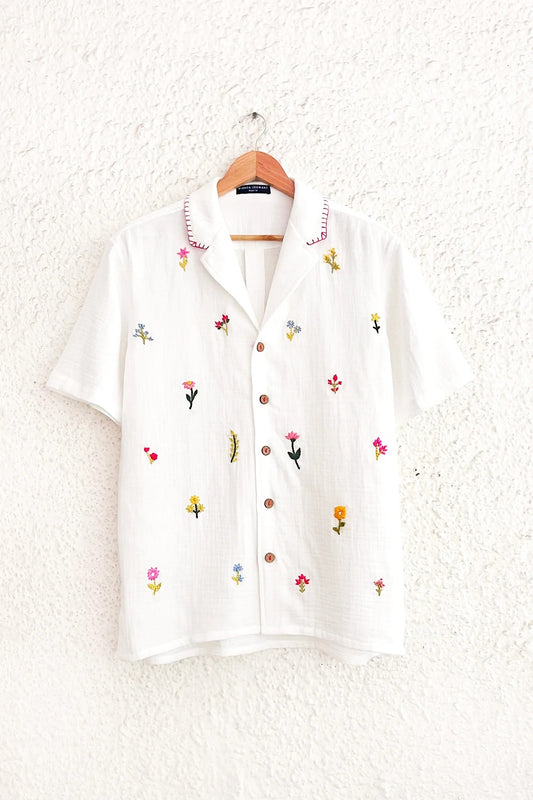 Embroidered White Cotton Blend Casual Shirt