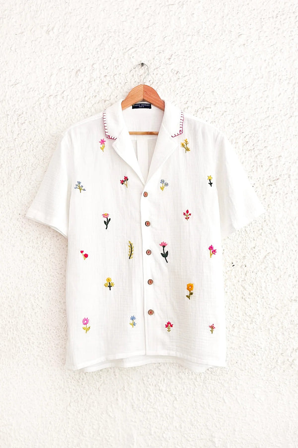 Embroidered White Cotton Blend Casual Shirt