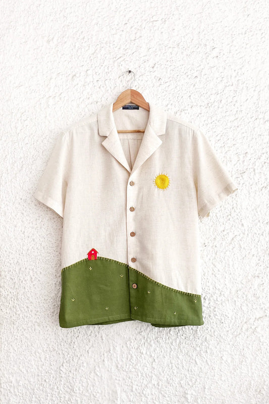 Nature Landscape Embroidered Cotton Blend Half Sleeve Casual Shirt