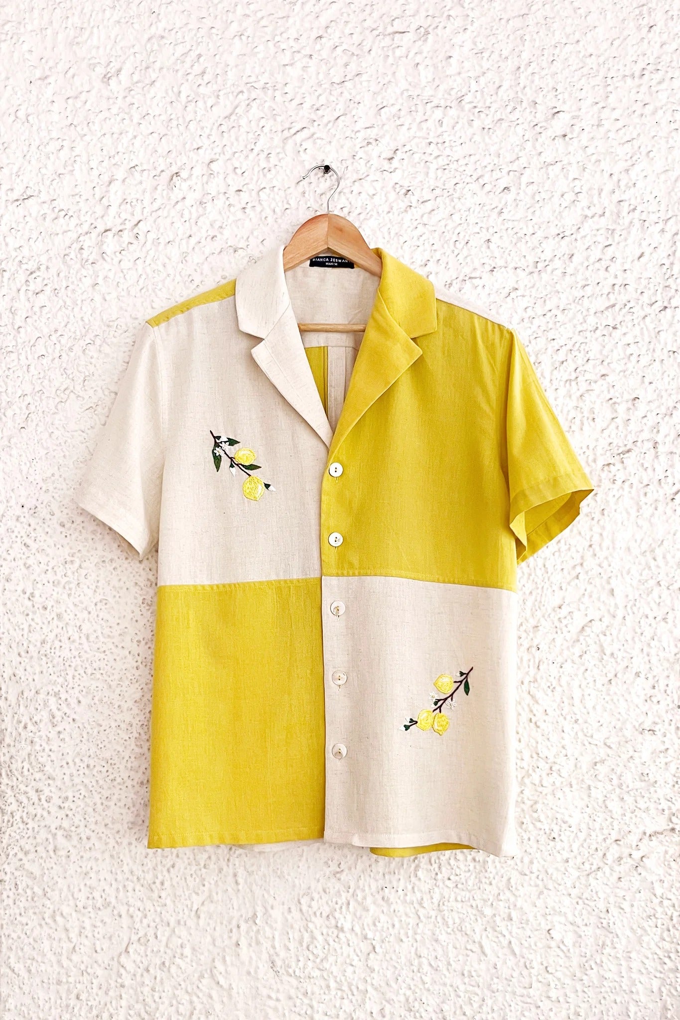 Lemon Bloom Color Block Embroidered Cotton Blend Shirt