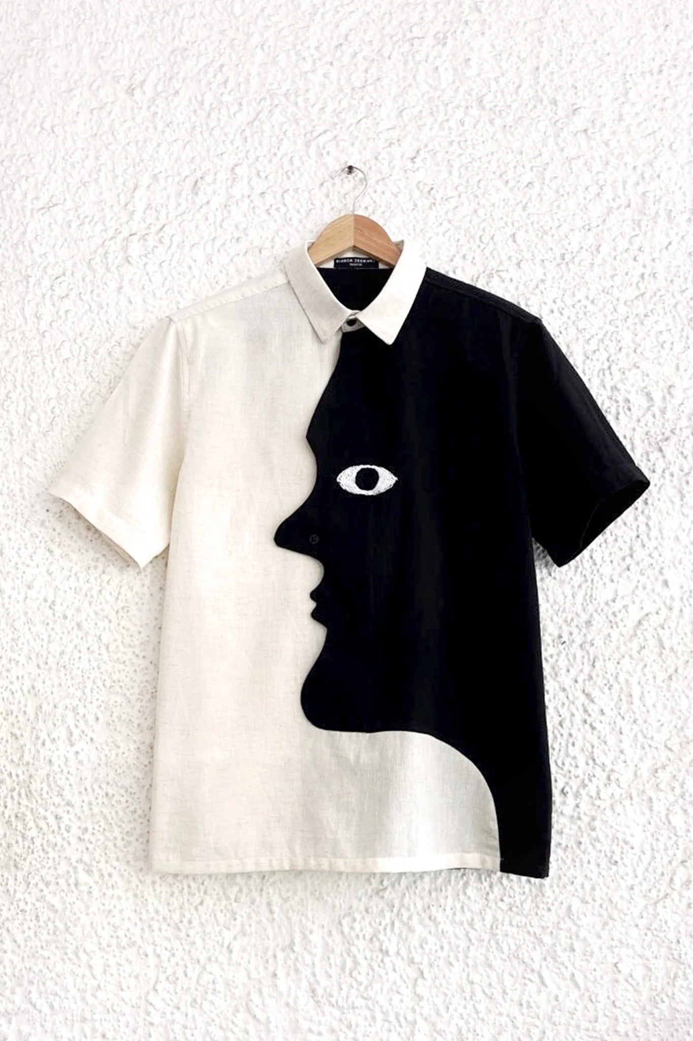 Abstract Face Art Black & White Cotton Blend Half Sleeve Casual Shirt
