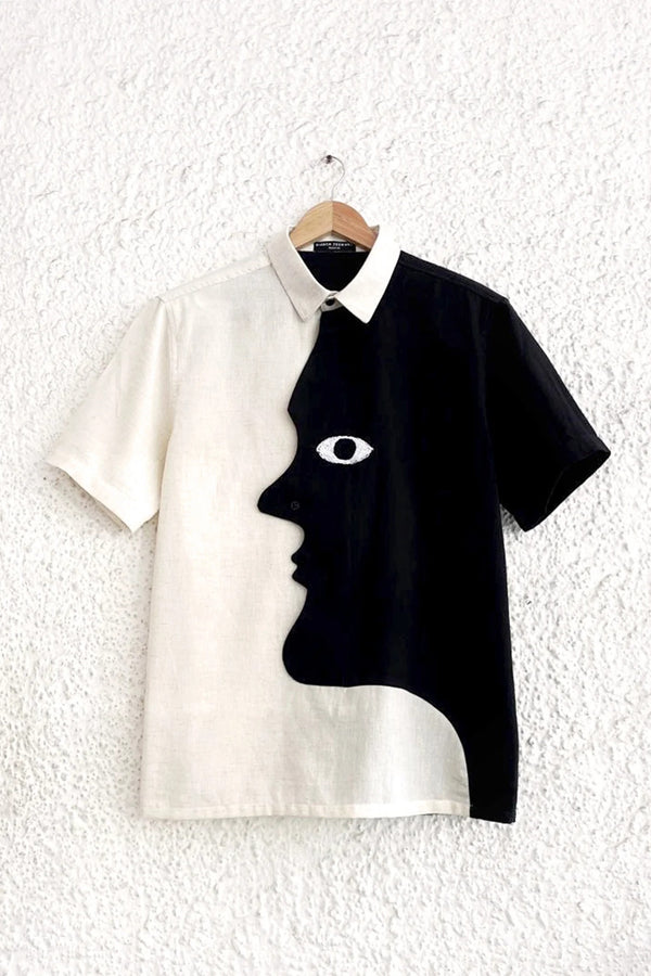 Abstract Face Art Black & White Cotton Blend Half Sleeve Casual Shirt